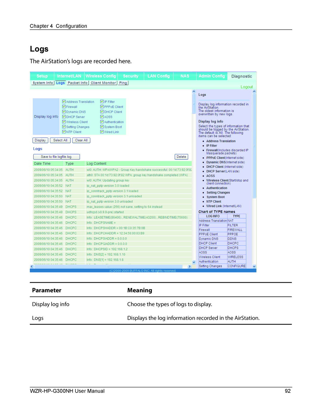 Buffalo Technology WZR-HP-G300NH user manual Logs 