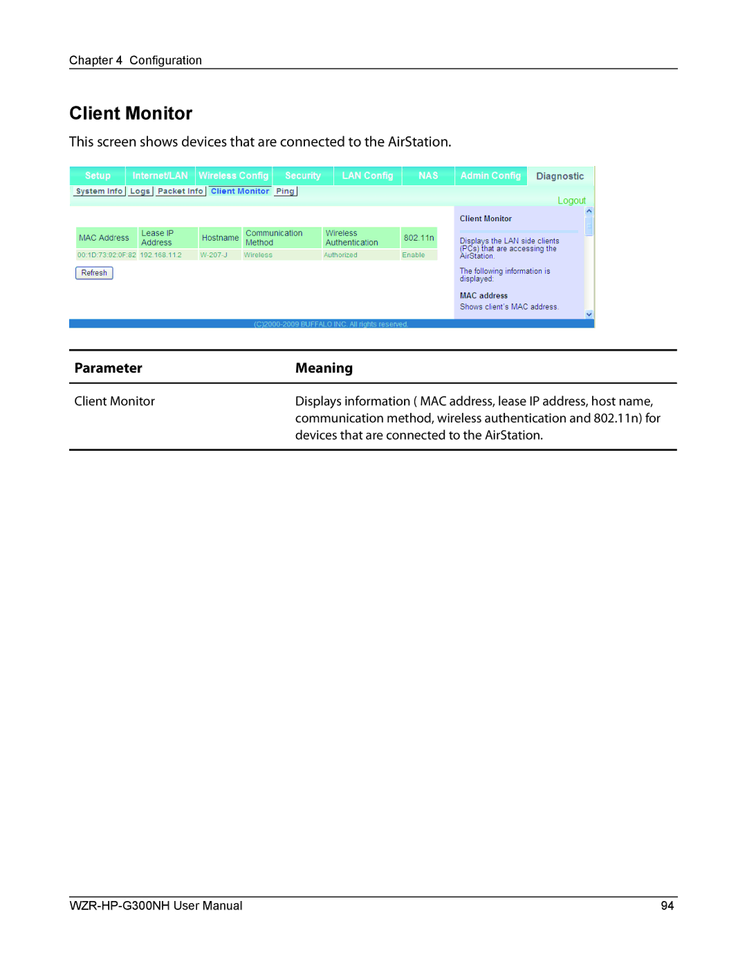 Buffalo Technology WZR-HP-G300NH user manual Client Monitor, Devices that are connected to the AirStation 