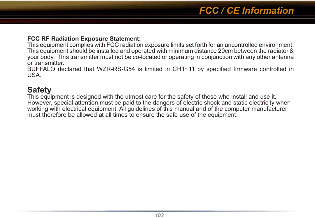 Buffalo Technology WZR-RS-G54 user manual Safety, FCC RF Radiation Exposure Statement 