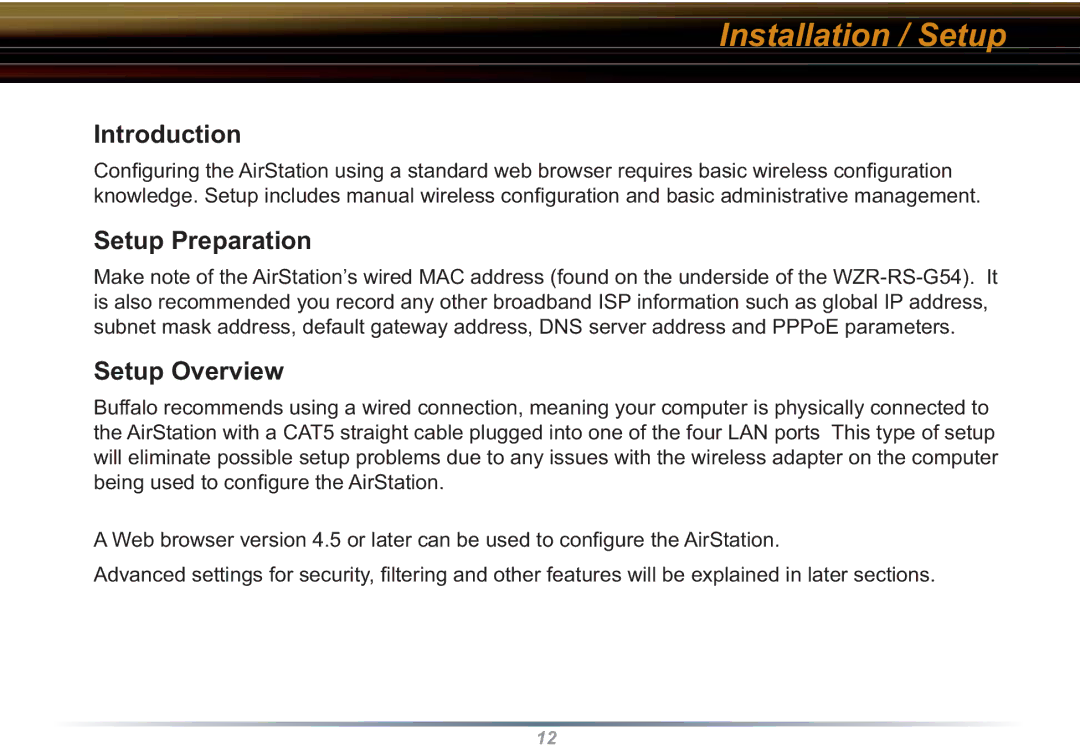 Buffalo Technology WZR-RS-G54 user manual Introduction, Setup Preparation, Setup Overview 