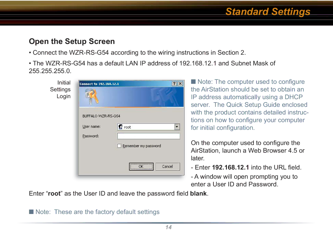 Buffalo Technology WZR-RS-G54 user manual Standard Settings, Open the Setup Screen 