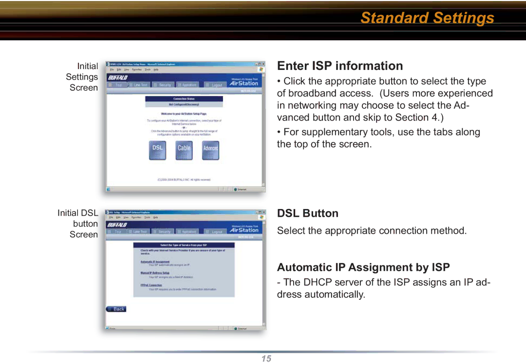 Buffalo Technology WZR-RS-G54 user manual Enter ISP information, DSL Button, Automatic IP Assignment by ISP 