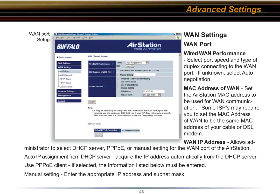 Buffalo Technology WZR-RS-G54 user manual WAN Settings, WAN Port, Wired WAN Performance, WAN IP Address Allows ad 