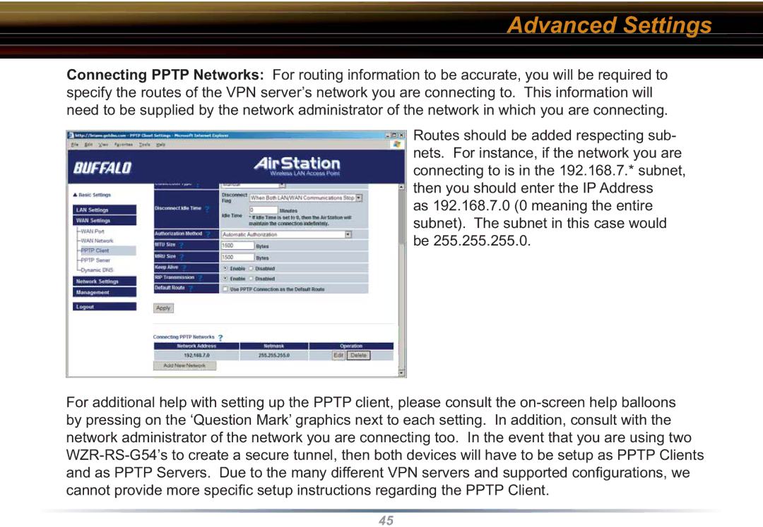 Buffalo Technology WZR-RS-G54 user manual Advanced Settings 