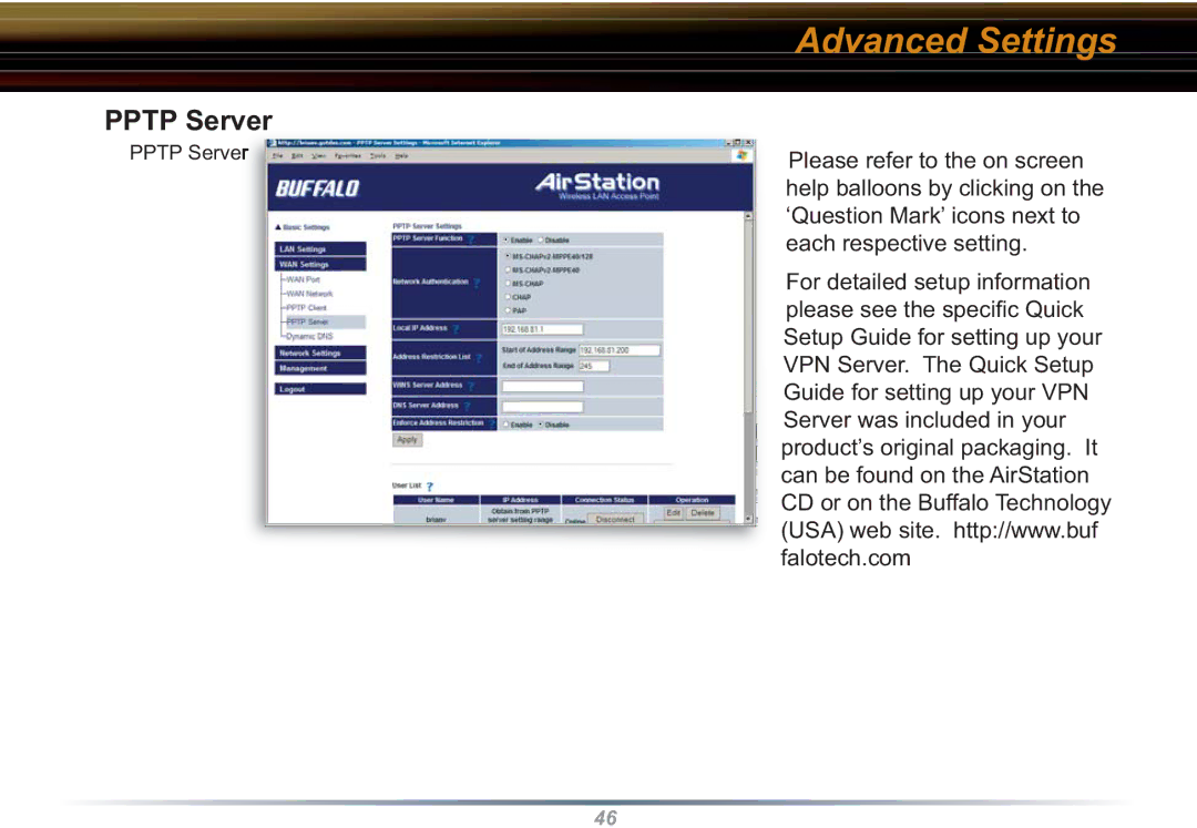 Buffalo Technology WZR-RS-G54 user manual Pptp Server 