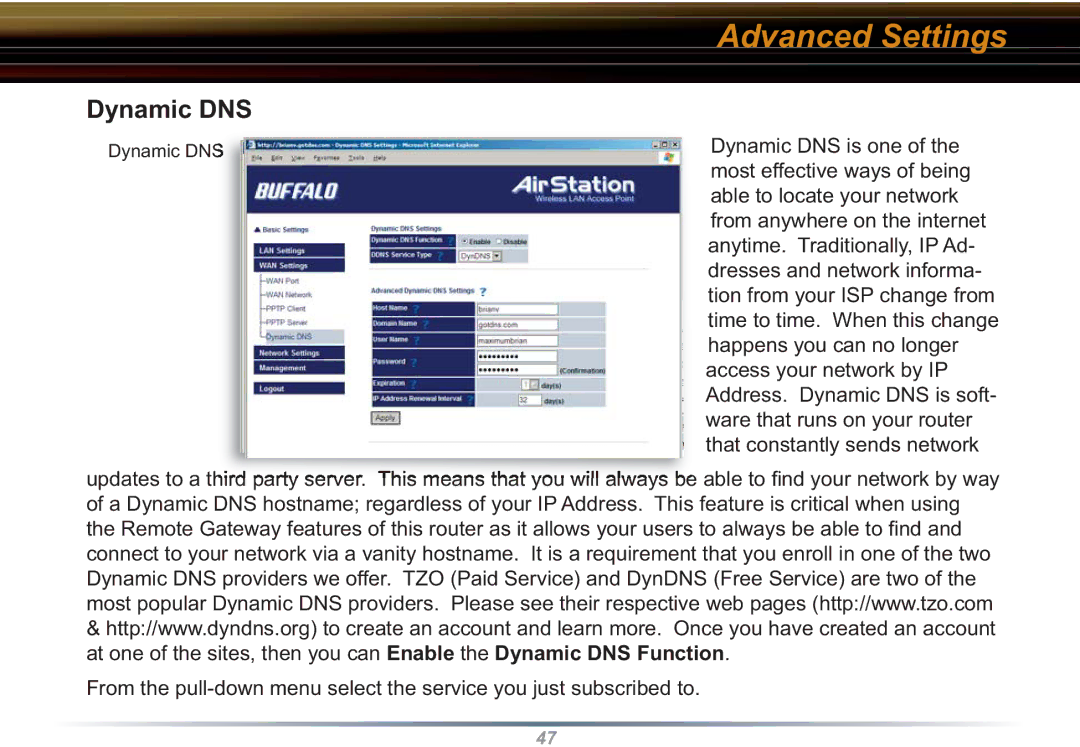 Buffalo Technology WZR-RS-G54 user manual Advanced Settings, Dynamic DNS 