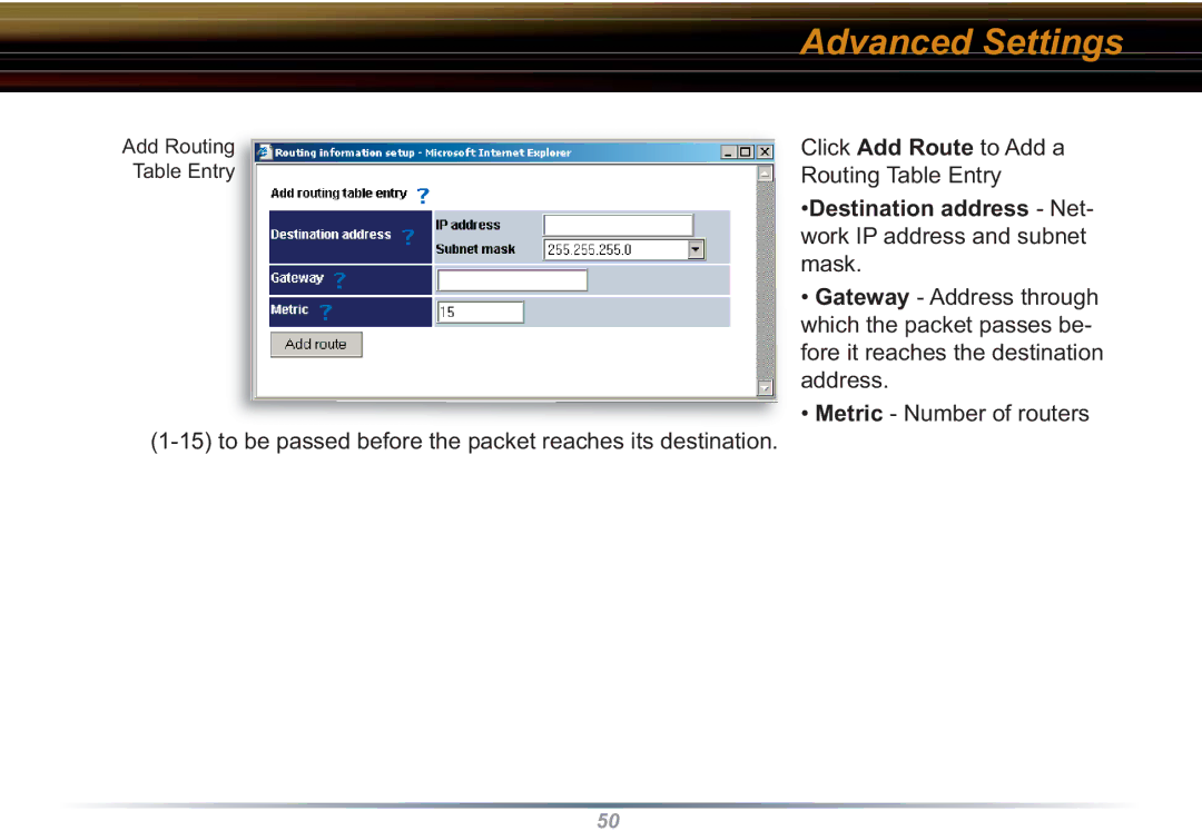 Buffalo Technology WZR-RS-G54 user manual Destination address Net- work IP address and subnet mask 