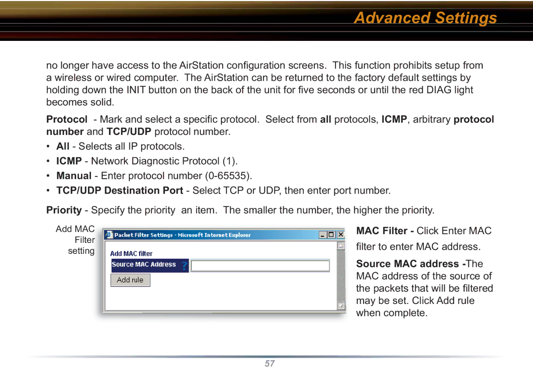 Buffalo Technology WZR-RS-G54 user manual MAC Filter Click Enter MAC Lter to enter MAC address 