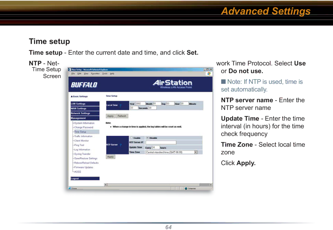 Buffalo Technology WZR-RS-G54 user manual Time setup, NTP server name Enter the NTP server name 