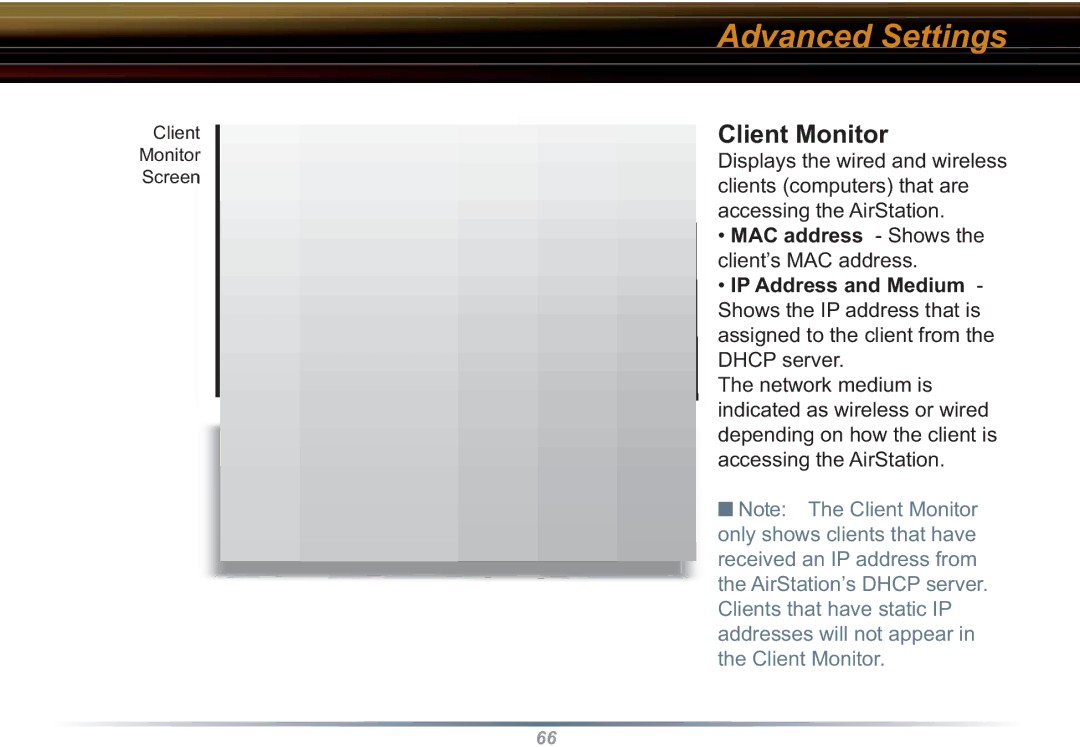 Buffalo Technology WZR-RS-G54 user manual Client Monitor, IP Address and Medium 