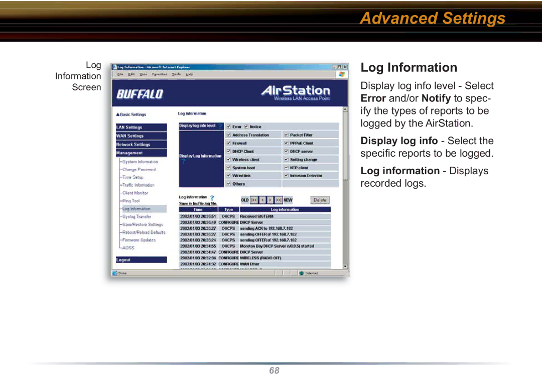 Buffalo Technology WZR-RS-G54 user manual Log Information, Display log info Select, Log information Displays 