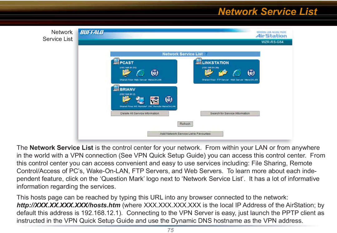 Buffalo Technology WZR-RS-G54 user manual Network Service List 