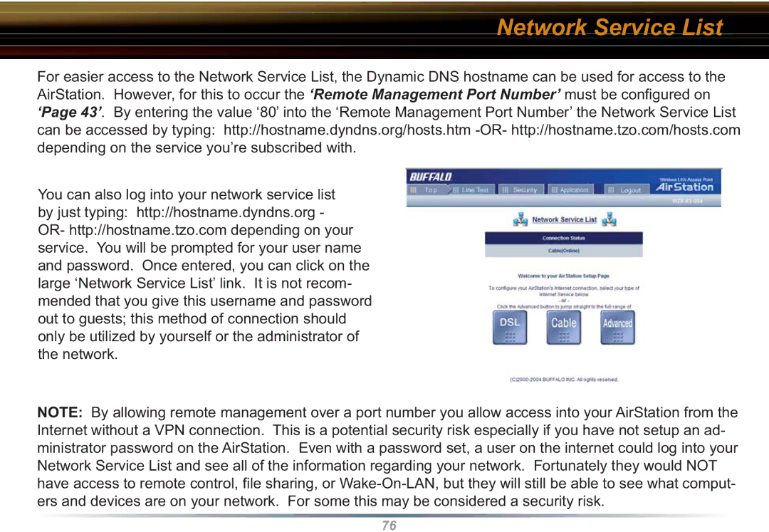 Buffalo Technology WZR-RS-G54 user manual Network Service List 