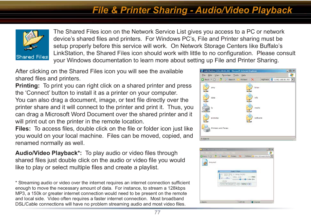 Buffalo Technology WZR-RS-G54 user manual File & Printer Sharing Audio/Video Playback 