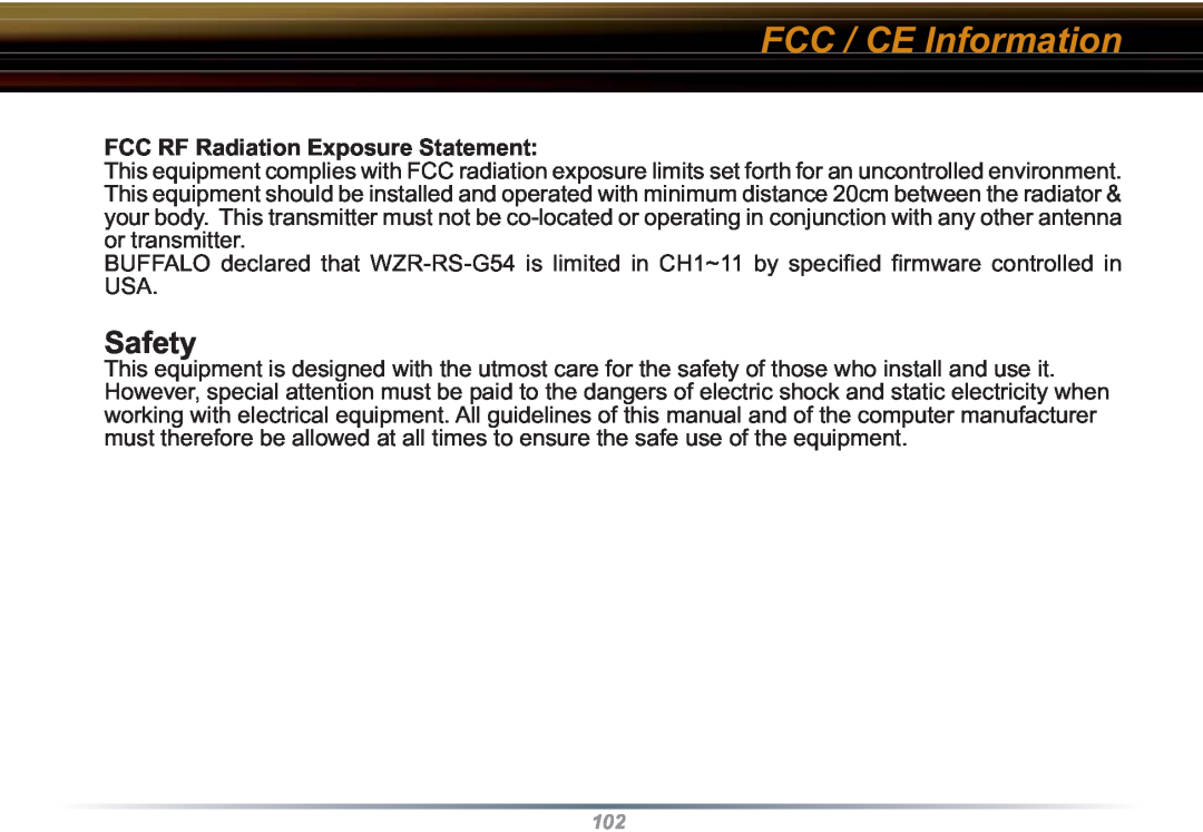 Buffalo Technology WZR-RS-G54 user manual Safety, FCC / CE Information, FCC RF Radiation Exposure Statement 
