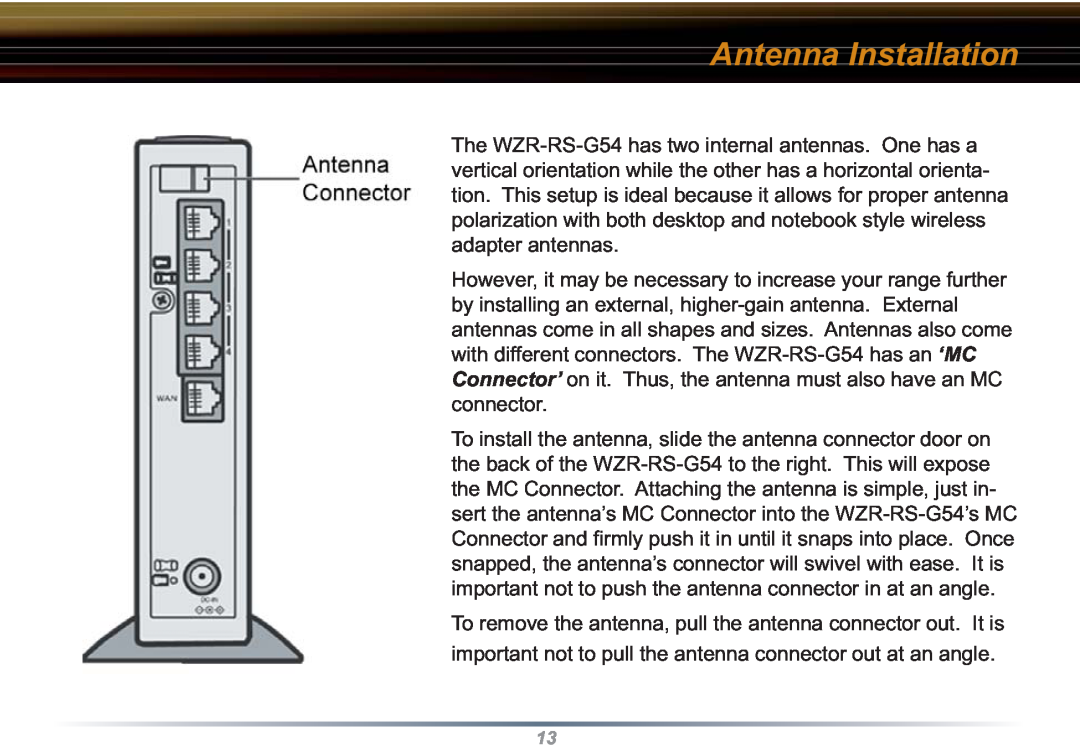 Buffalo Technology WZR-RS-G54 user manual Antenna Installation 