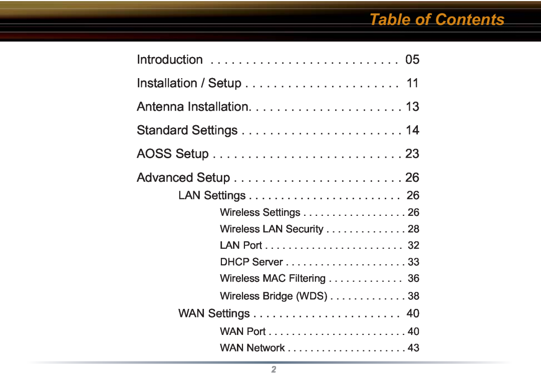 Buffalo Technology WZR-RS-G54 user manual Table of Contents, Introduction Installation / Setup Antenna Installation 