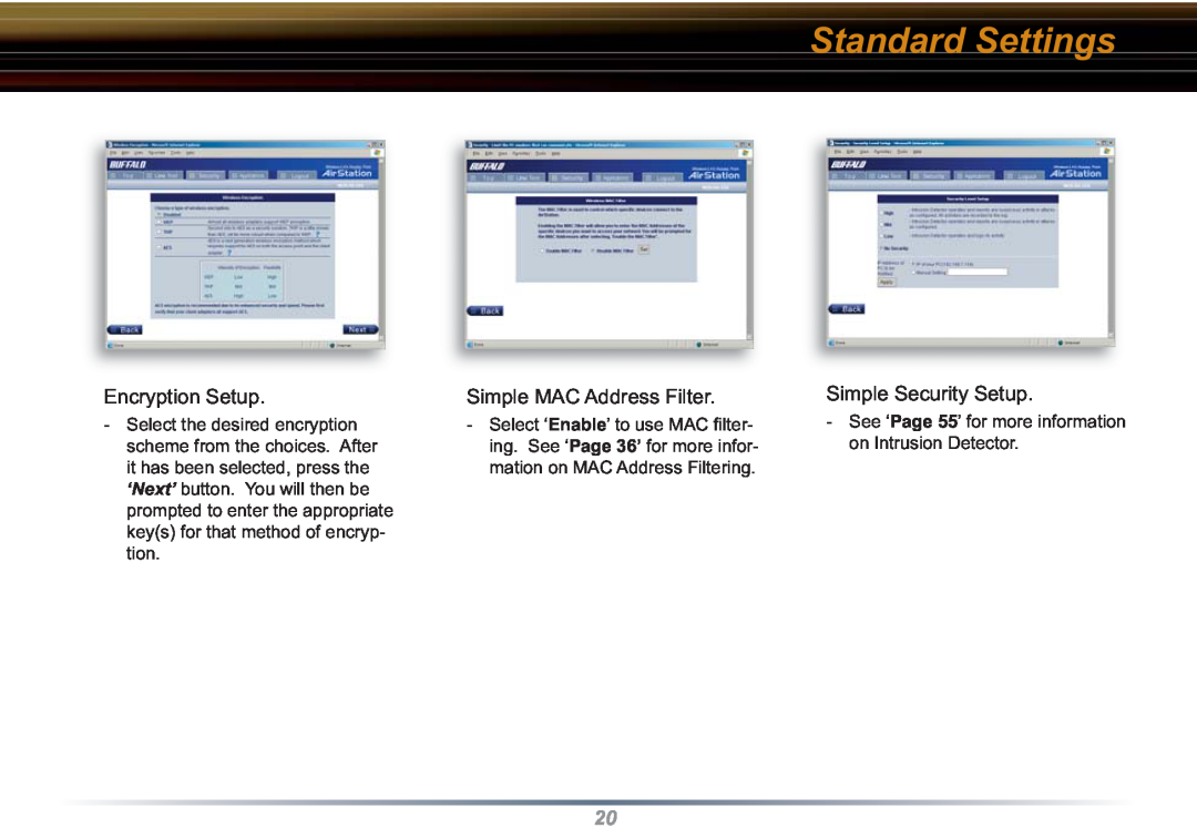 Buffalo Technology WZR-RS-G54 Standard Settings, Encryption Setup, Simple MAC Address Filter, Simple Security Setup 