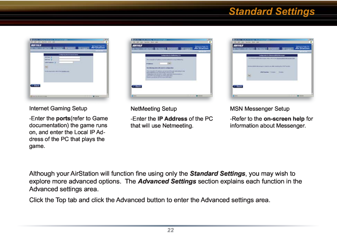 Buffalo Technology WZR-RS-G54 user manual Standard Settings, Internet Gaming Setup 