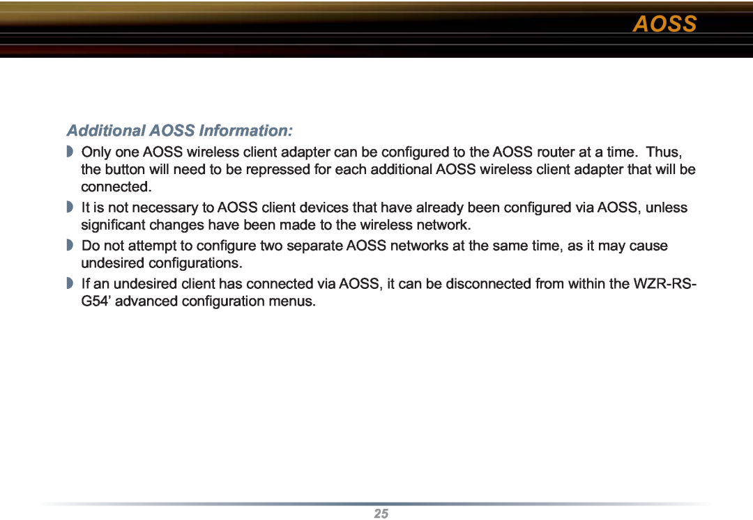 Buffalo Technology WZR-RS-G54 user manual Aoss, Additional AOSS Information 