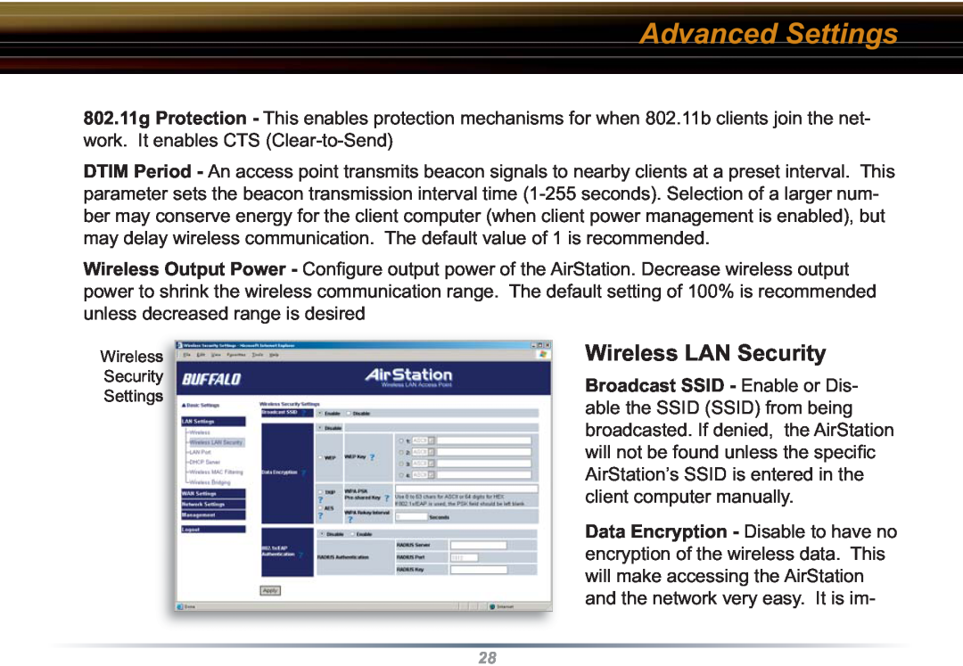 Buffalo Technology WZR-RS-G54 user manual Wireless LAN Security, Advanced Settings, Wireless Security Settings 
