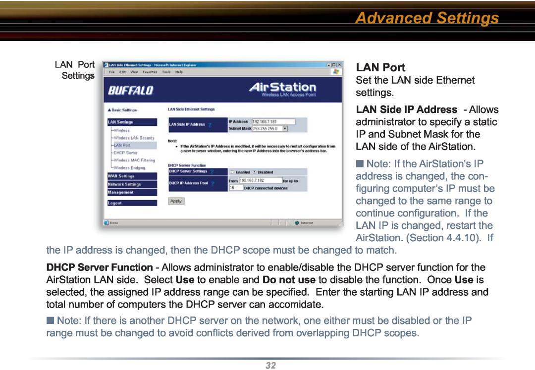 Buffalo Technology WZR-RS-G54 user manual LAN Port, Advanced Settings 