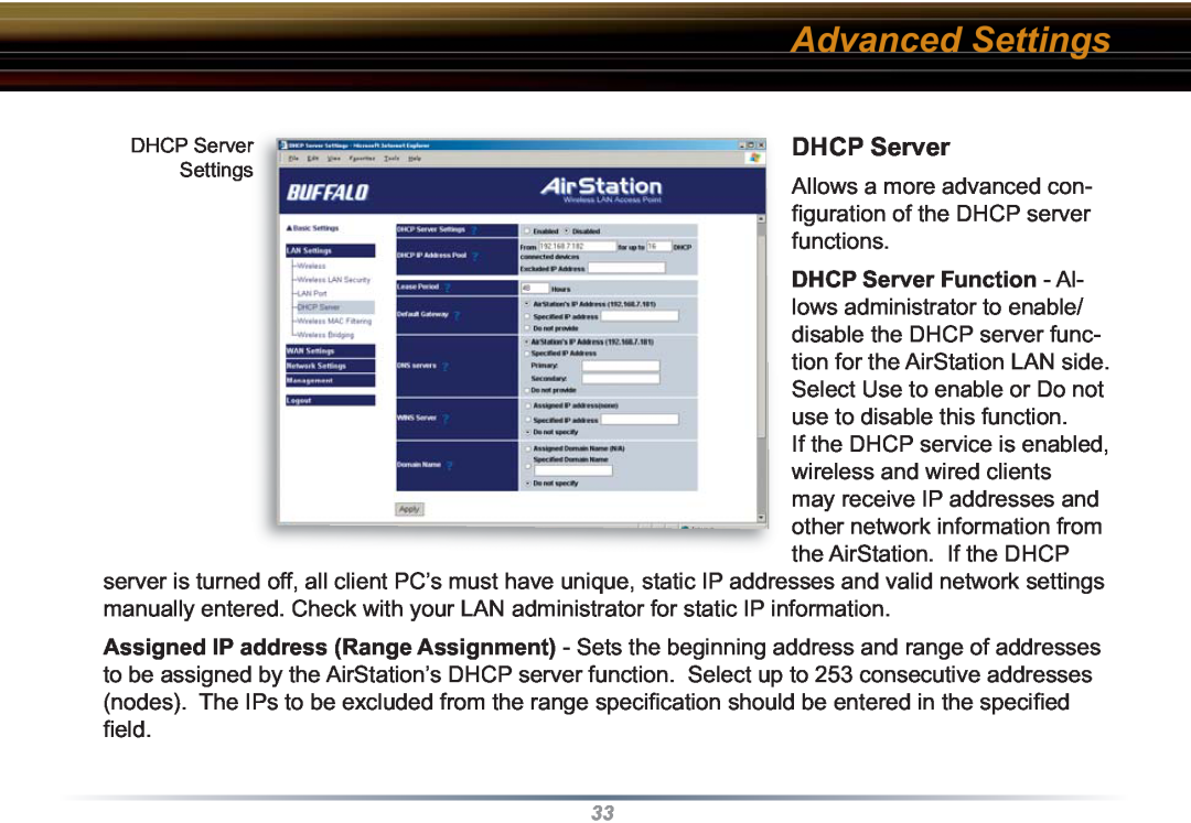 Buffalo Technology WZR-RS-G54 user manual DHCP Server, Advanced Settings 