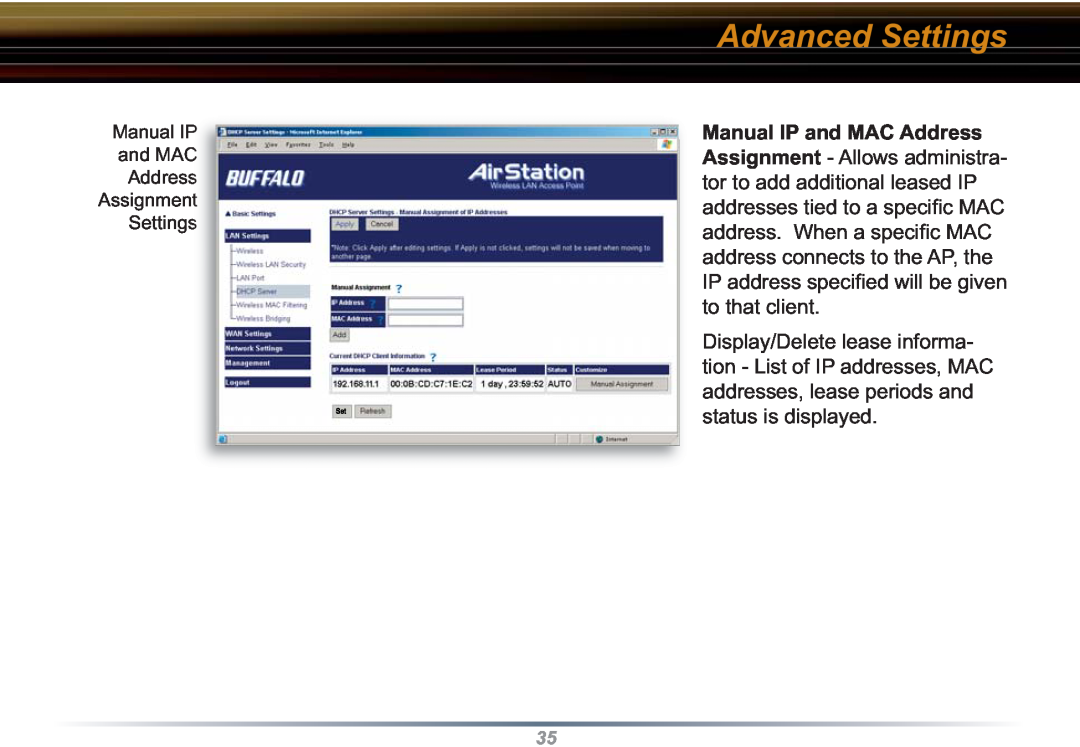 Buffalo Technology WZR-RS-G54 user manual Advanced Settings, Manual IP and MAC Address Assignment Settings 