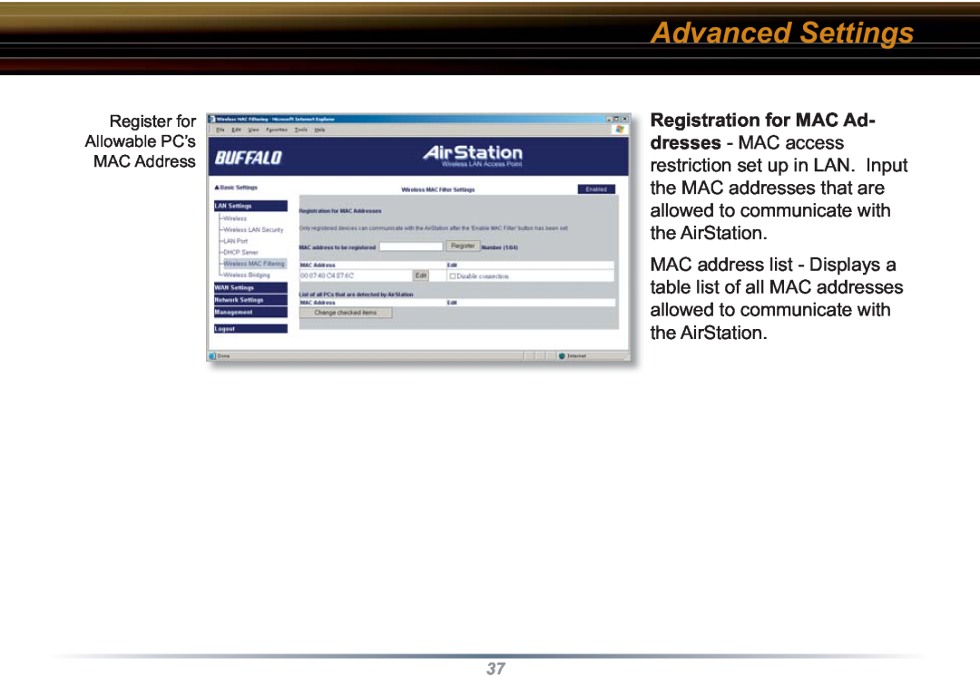 Buffalo Technology WZR-RS-G54 user manual Advanced Settings, Register for Allowable PC’s MAC Address 