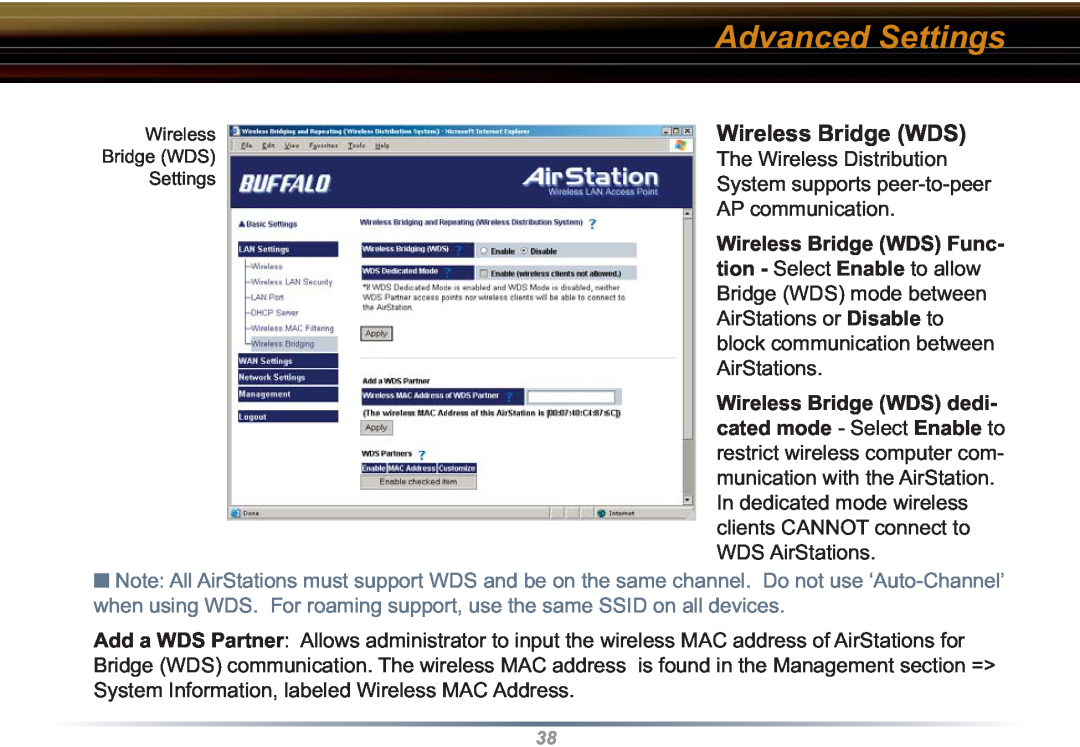 Buffalo Technology WZR-RS-G54 user manual Advanced Settings, Wireless Bridge WDS Settings 