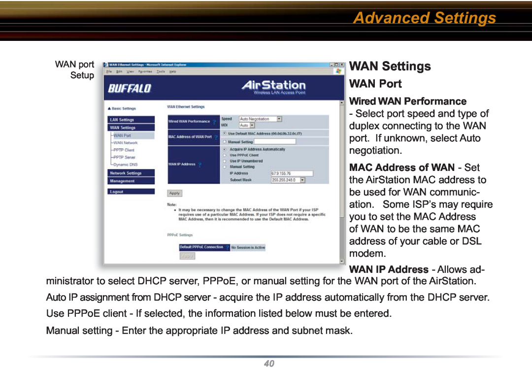 Buffalo Technology WZR-RS-G54 WAN Settings, WAN Port, Advanced Settings, Wired WAN Performance, WAN IP Address - Allows ad 