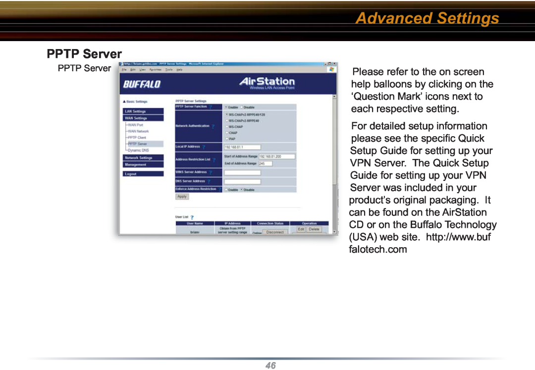 Buffalo Technology WZR-RS-G54 user manual PPTP Server, Advanced Settings 