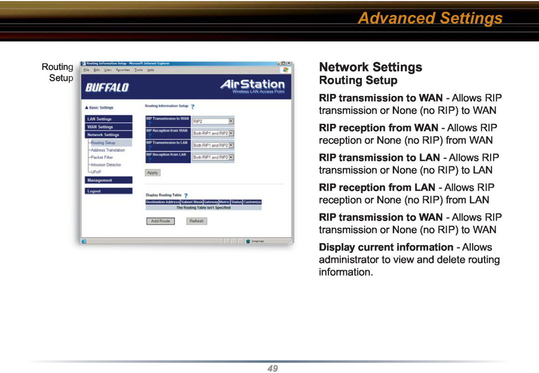 Buffalo Technology WZR-RS-G54 user manual Network Settings, Routing Setup, Advanced Settings 