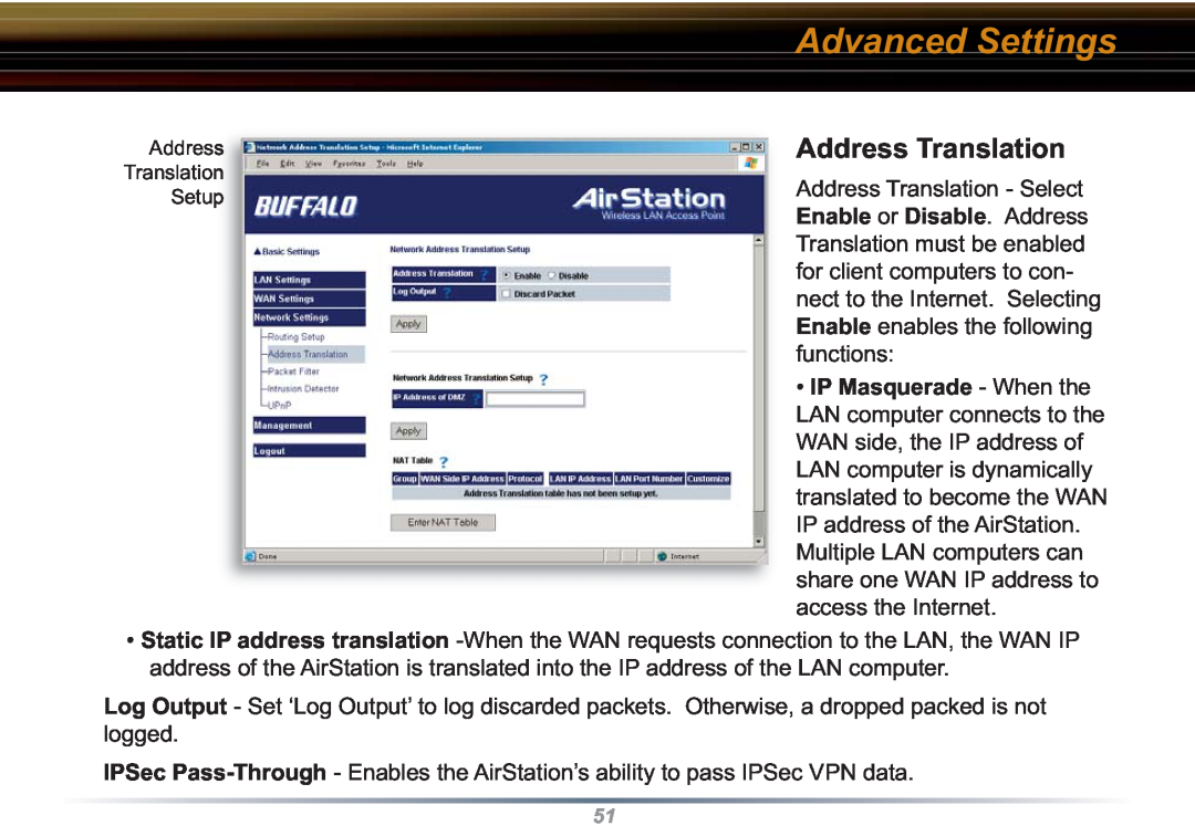 Buffalo Technology WZR-RS-G54 user manual Address Translation, Advanced Settings, Enable or Disable . Address 