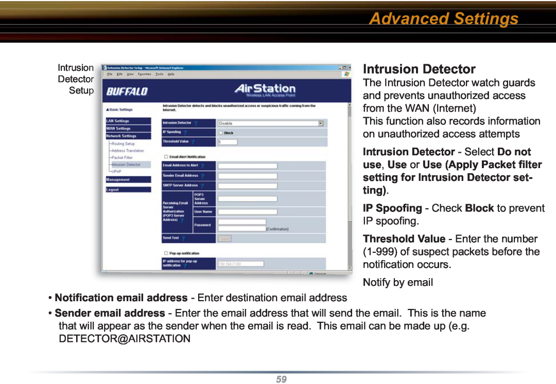 Buffalo Technology WZR-RS-G54 user manual Intrusion Detector, Advanced Settings 
