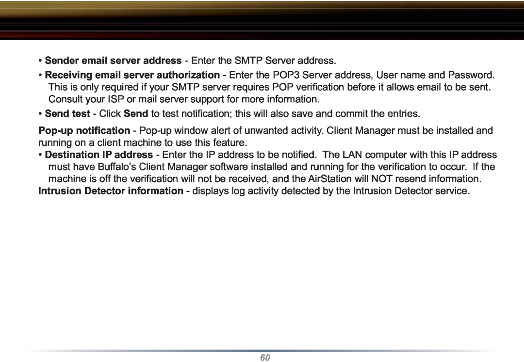 Buffalo Technology WZR-RS-G54 user manual Sender email server address - Enter the SMTP Server address 
