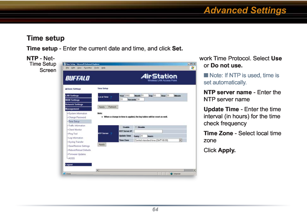 Buffalo Technology WZR-RS-G54 user manual Time setup, Advanced Settings, Note If NTP is used, time is set automatically 