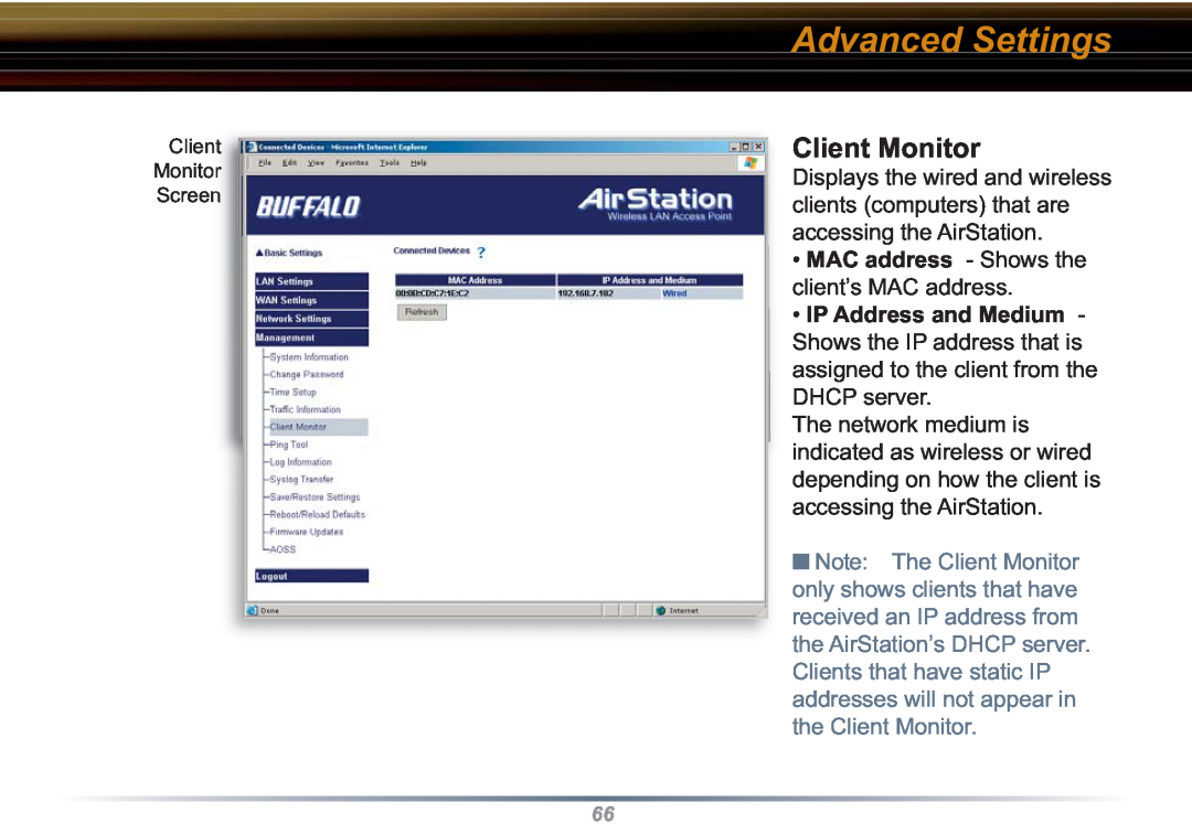 Buffalo Technology WZR-RS-G54 Advanced Settings, IP Address and Medium, Note The Client Monitor, the Client Monitor 