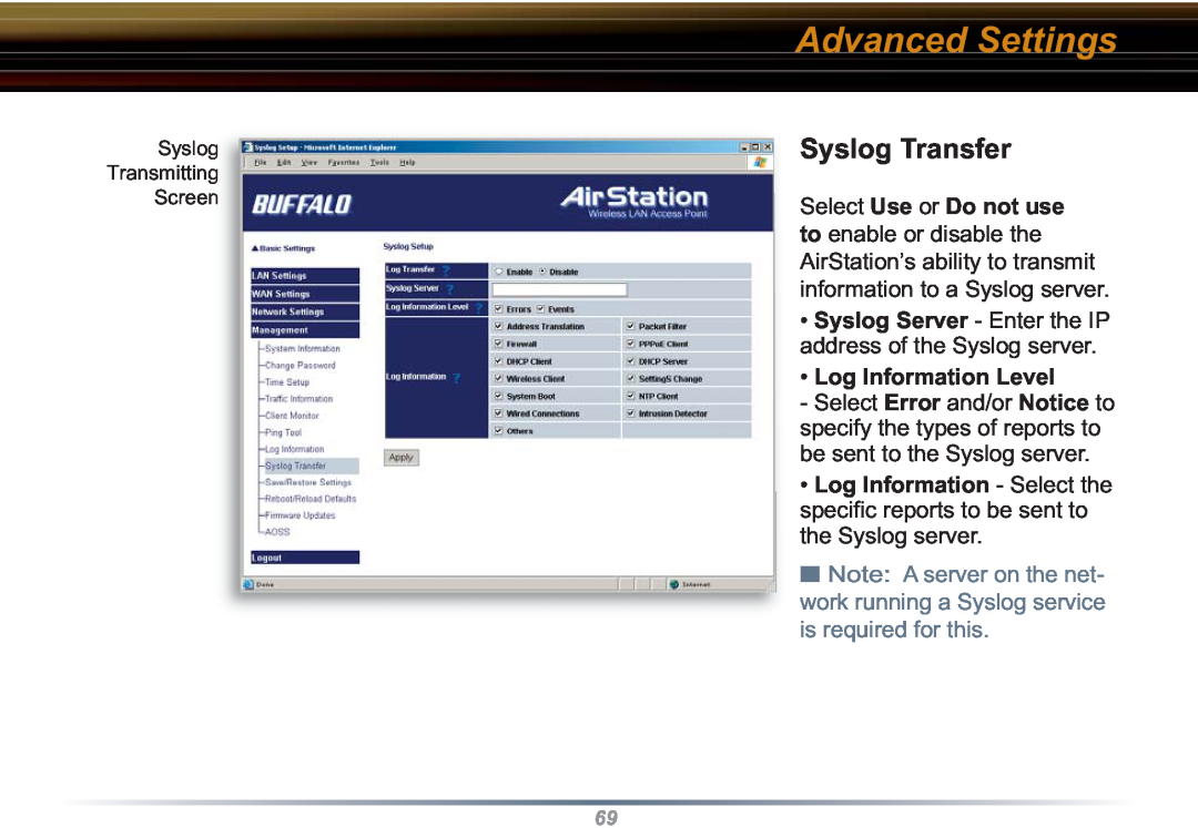 Buffalo Technology WZR-RS-G54 Syslog Transfer, Advanced Settings, Select Use or Do not use, Log Information Level 