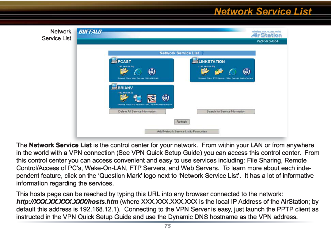 Buffalo Technology WZR-RS-G54 user manual Network Service List 