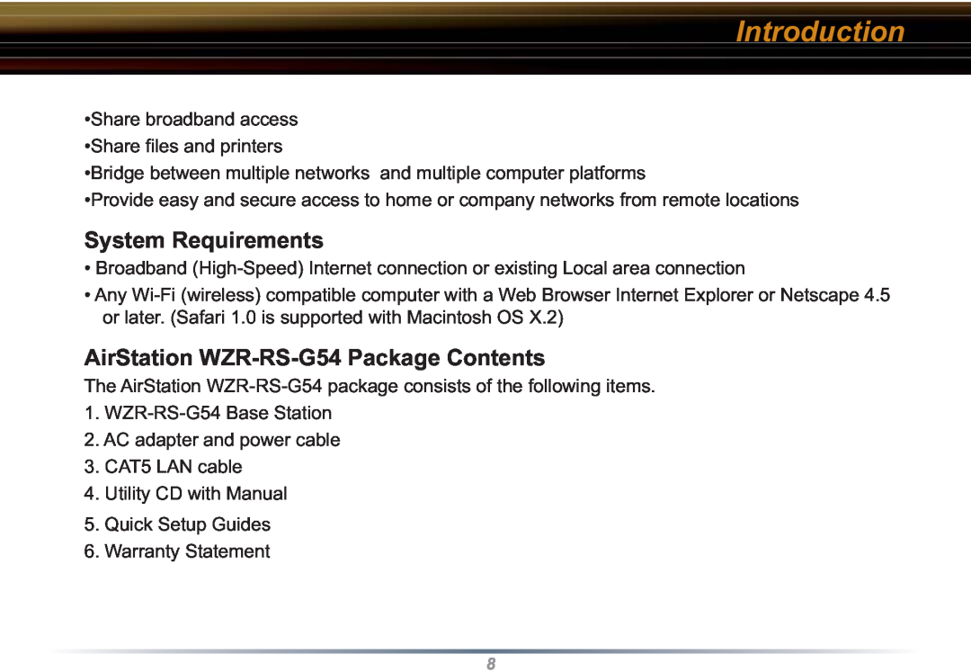 Buffalo Technology user manual System Requirements, AirStation WZR-RS-G54 Package Contents, Introduction 