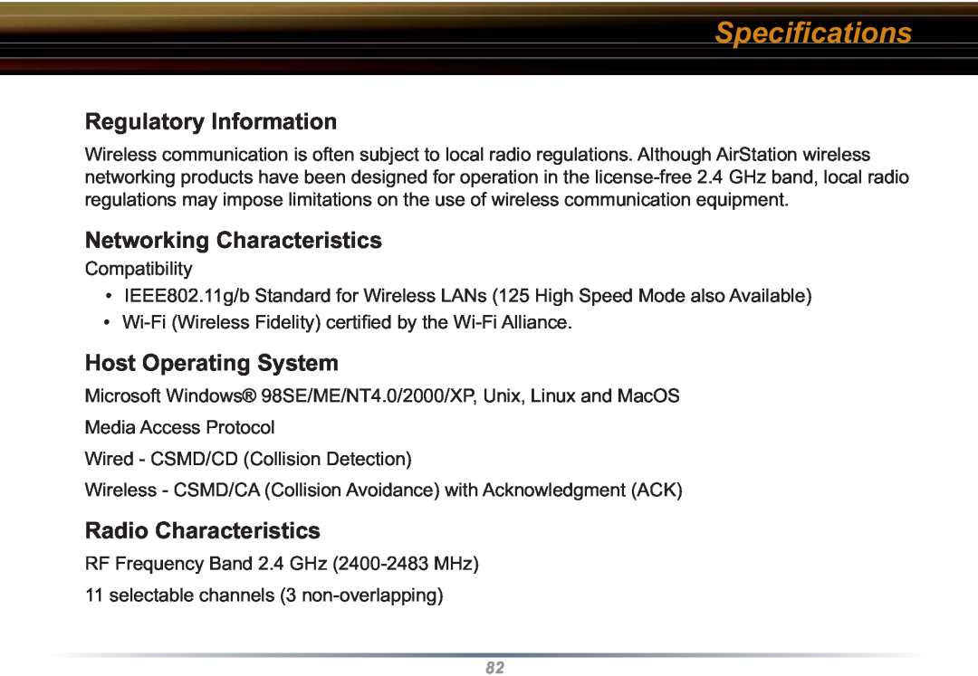 Buffalo Technology WZR-RS-G54 Regulatory Information, Networking Characteristics, Host Operating System, Speciﬁcations 