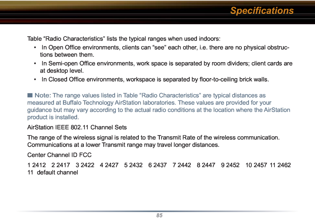 Buffalo Technology WZR-RS-G54 user manual Speciﬁcations, AirStation IEEE 802.11 Channel Sets 