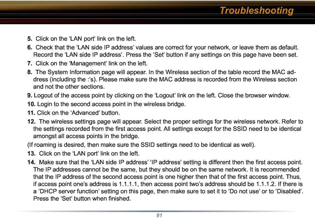 Buffalo Technology WZR-RS-G54 user manual Troubleshooting, Click on the ‘LAN port’ link on the left 