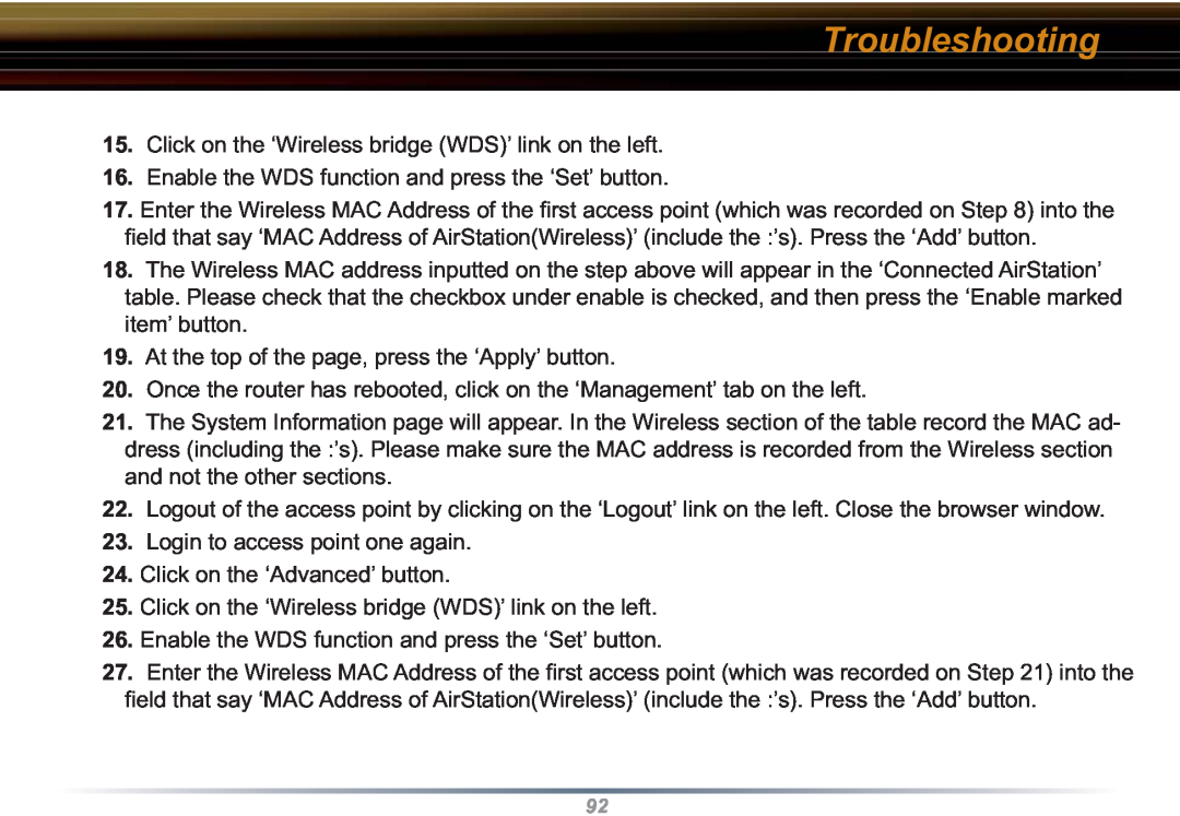 Buffalo Technology WZR-RS-G54 user manual Troubleshooting, Click on the ‘Wireless bridge WDS’ link on the left 