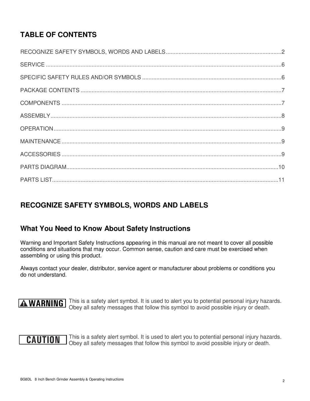 Buffalo Tools BG8DL operating instructions Table of Contents, Recognize Safety SYMBOLS, Words and Labels 