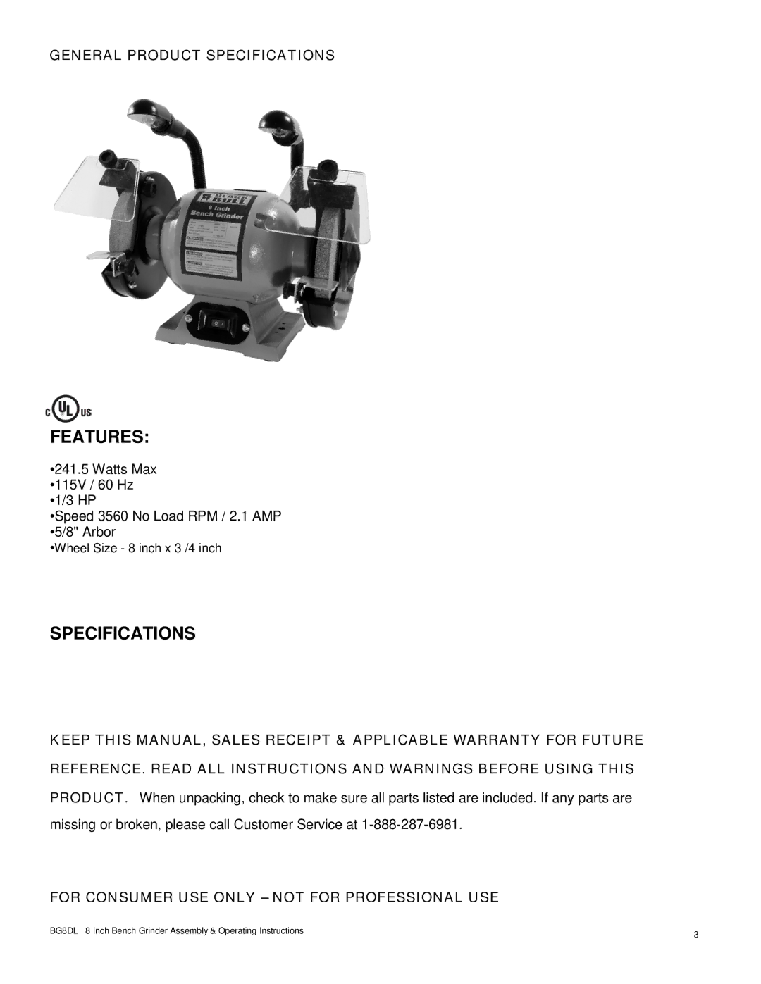 Buffalo Tools BG8DL operating instructions Features, Specifications 