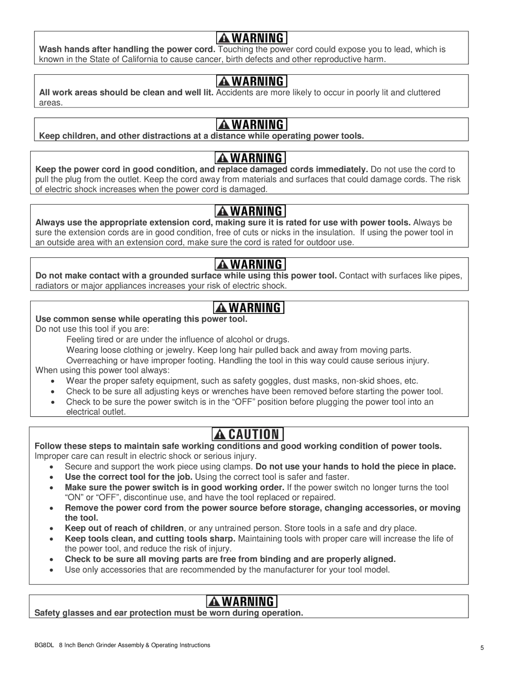 Buffalo Tools operating instructions BG8DL 8 Inch Bench Grinder Assembly & Operating Instructions 