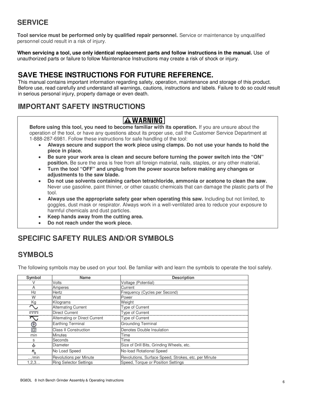 Buffalo Tools BG8DL Service, Save These Instructions for Future Reference, Important Safety Instructions 