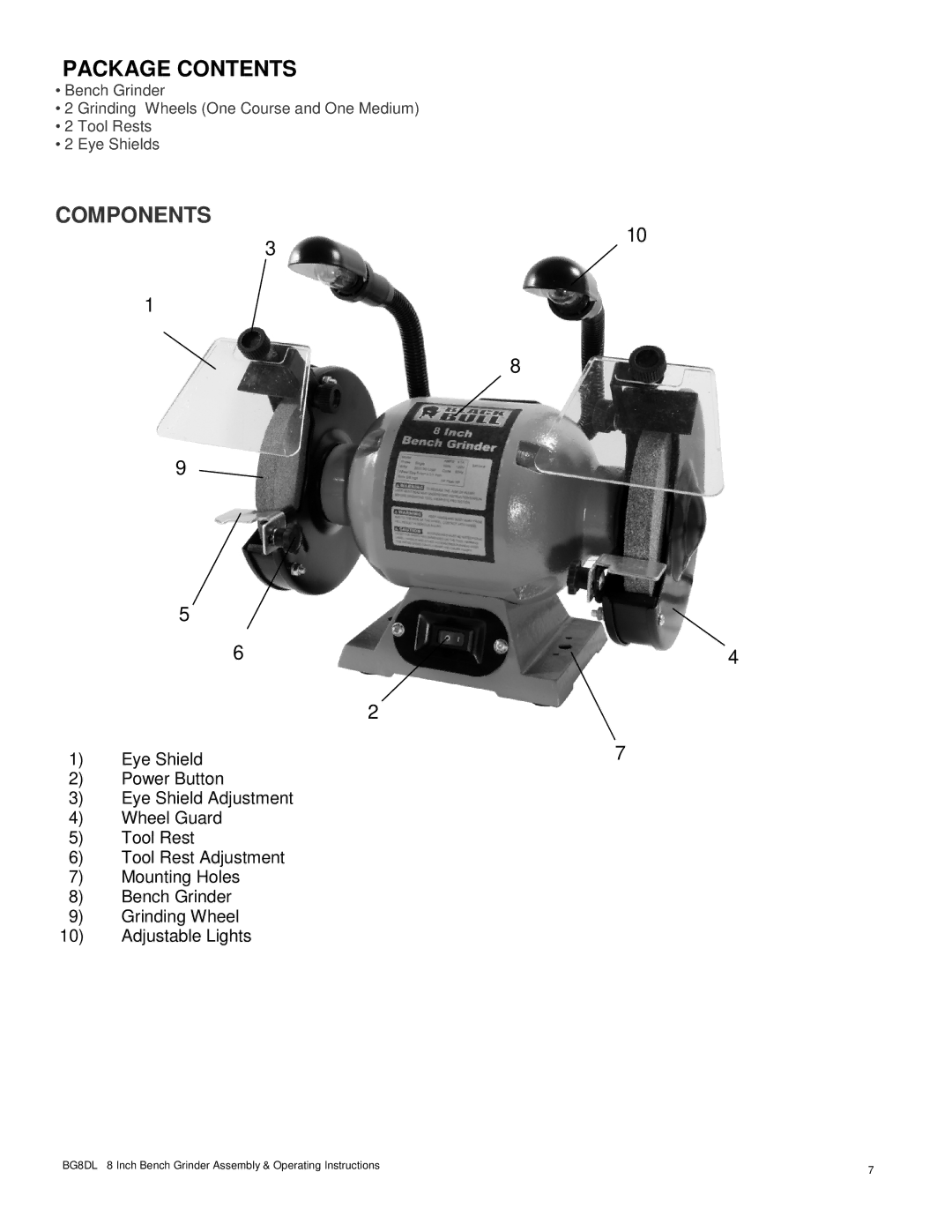 Buffalo Tools BG8DL operating instructions Package Contents, Components 